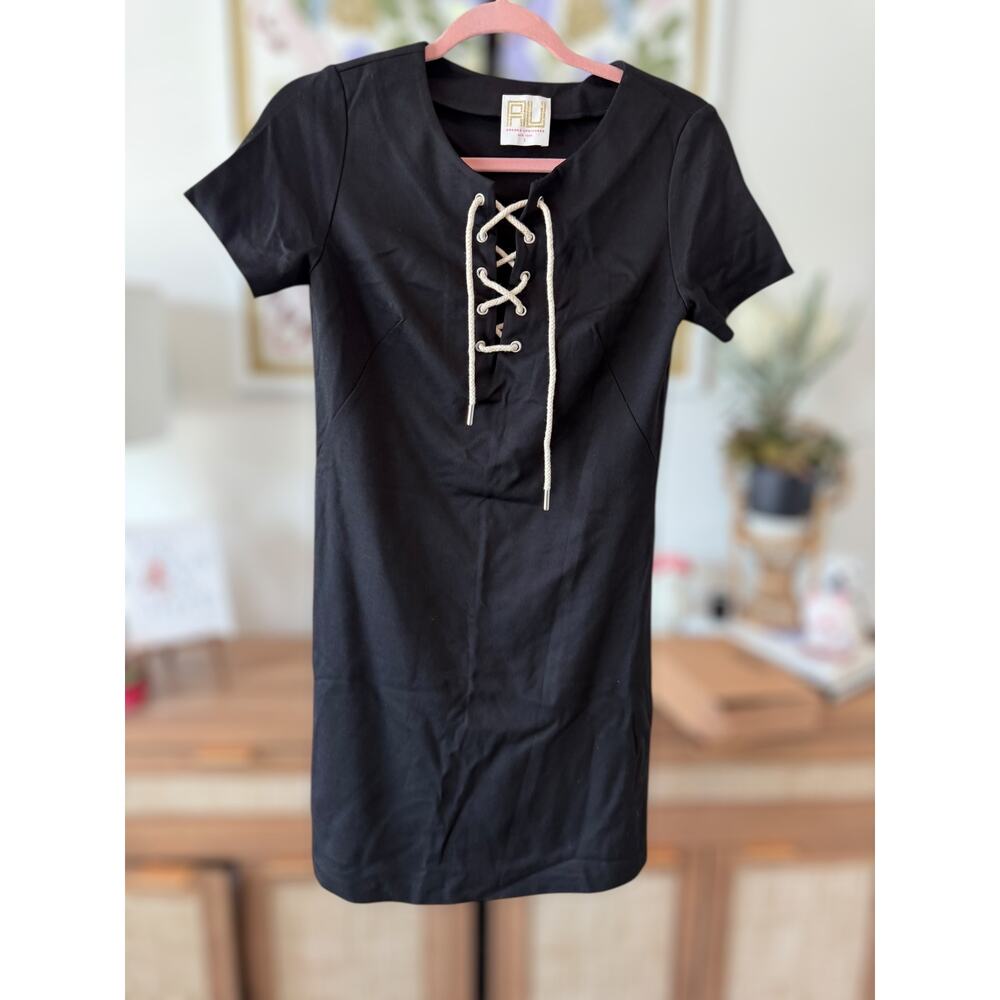 Amanda Uprichard Short Sleeve Knit Lace-Up Shift Dress Black Womens Size Small